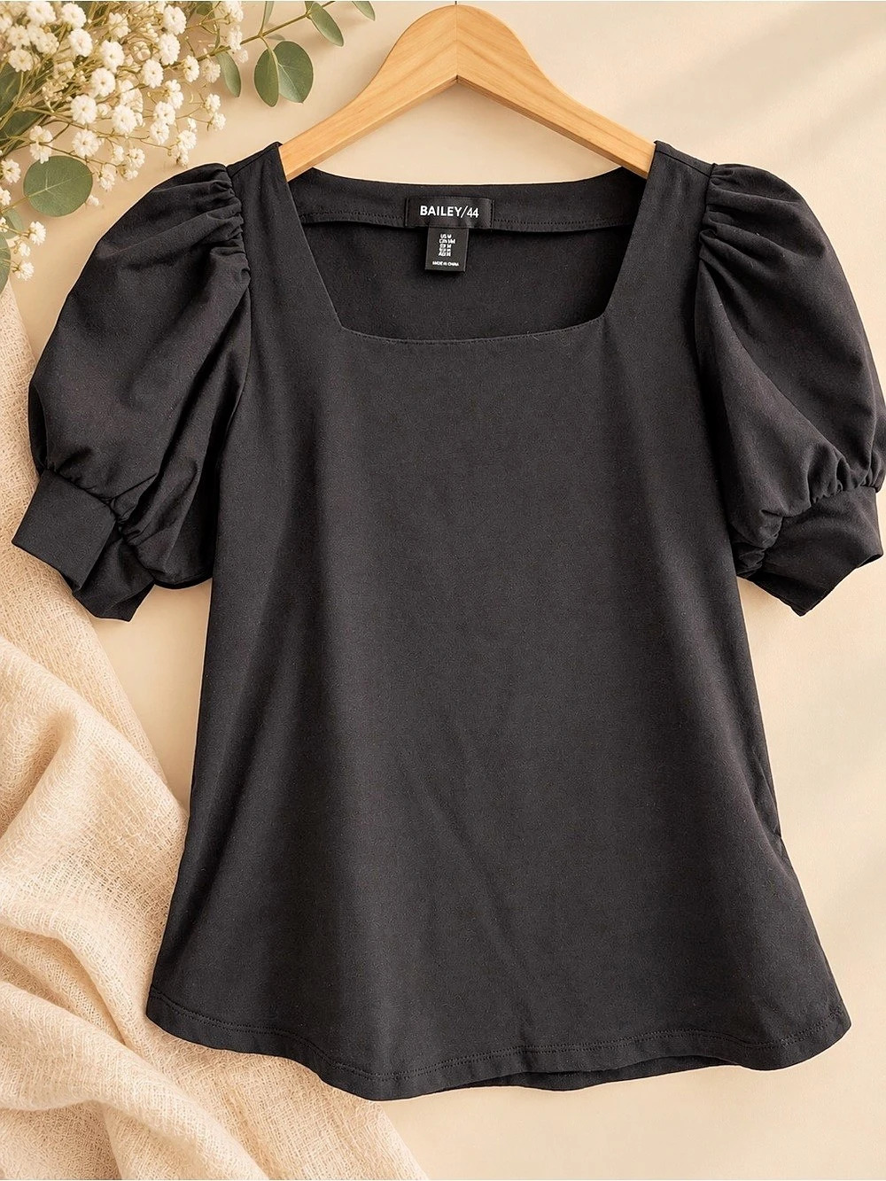 Bailey 44 Black Square Neck Puff Sleeve Blouse Size M